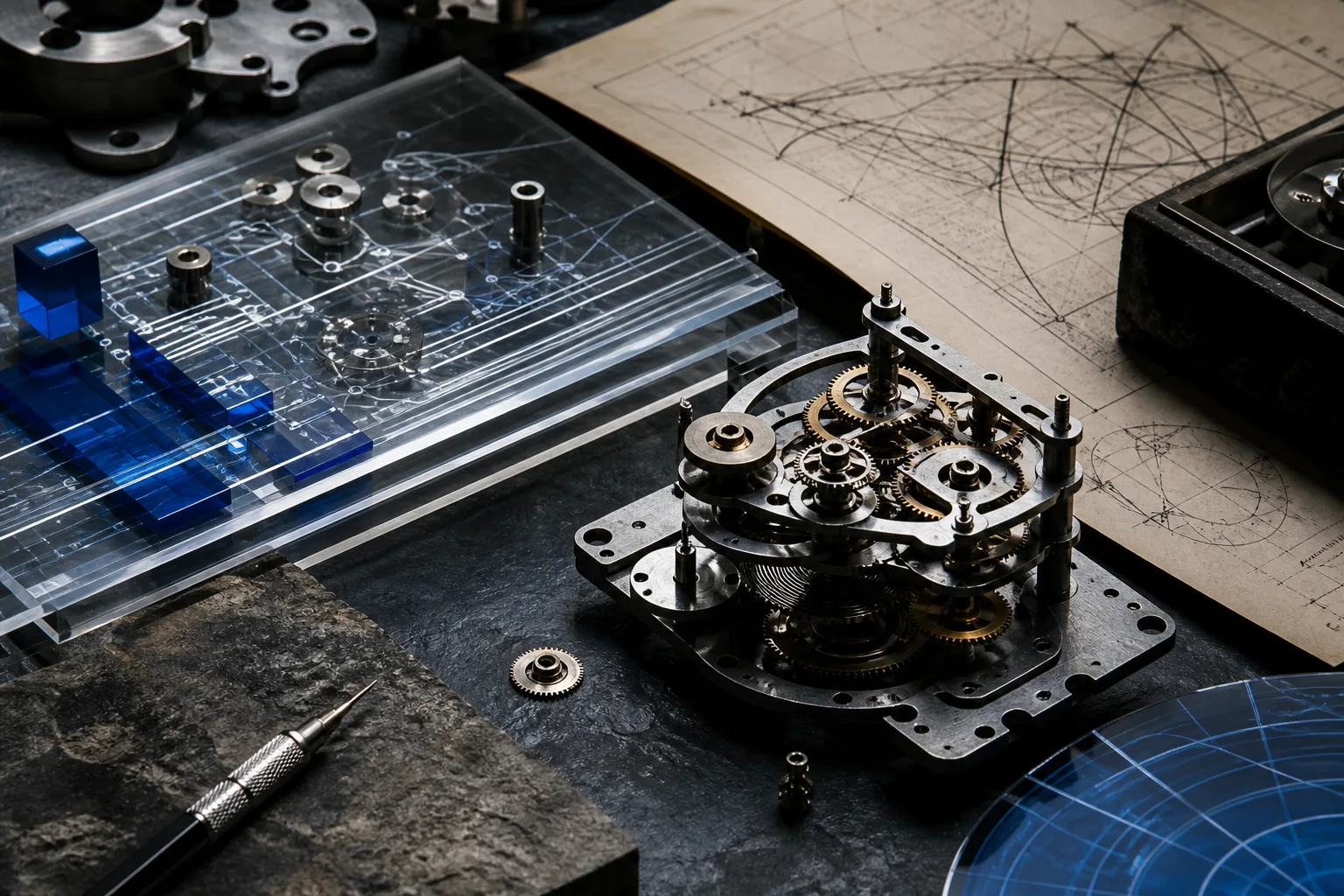 Mechanical and transparent components arranged in a research studio